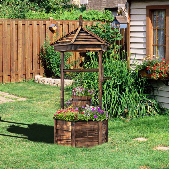 Rustic Wooden Wishing Well with Adjustable Hanging Bucket product image