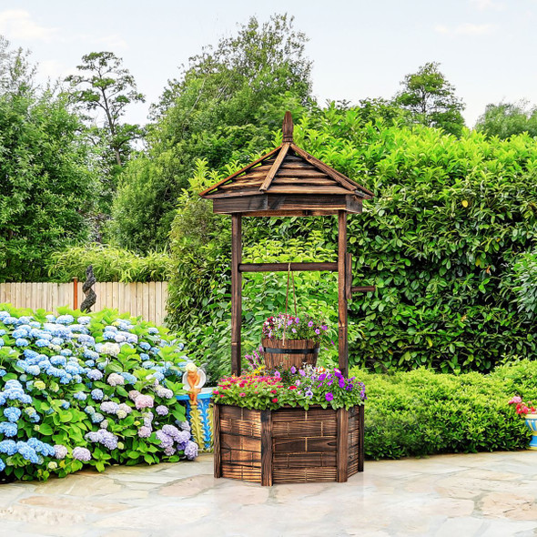 Rustic Wooden Wishing Well with Adjustable Hanging Bucket product image