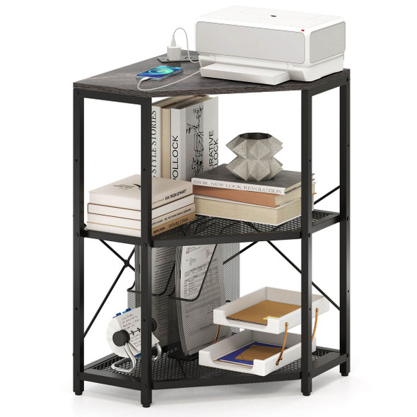 3-Tier Corner Table with Charging Station and Adjustable Metal Frame product image