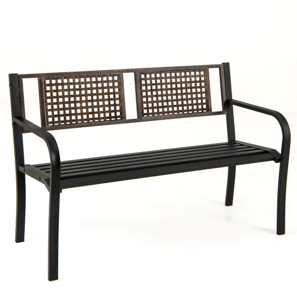 50" Outdoor Metal Park Bench with Rattan-Like Backrest & Curved Armrests product image