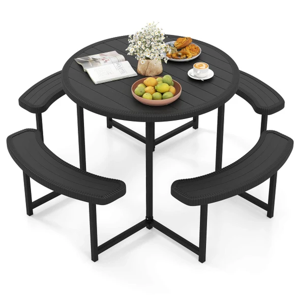 Round Picnic Table Set with 4 Curved Benches and 1.57" Umbrella Hole product image