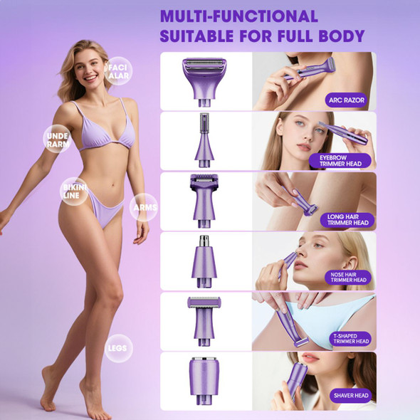 6-in-1 Women Electric Shaver Replaceable Heads for Whole Body Private Epilator Shaving Razor Nose Hair Trimmer Color Purple product image