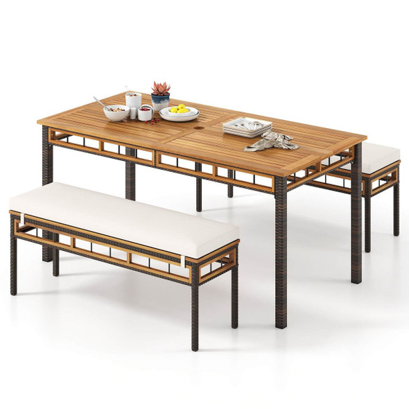 3-Piece Acacia Wood Patio Dining Set with Umbrella Hole and Cushion product image