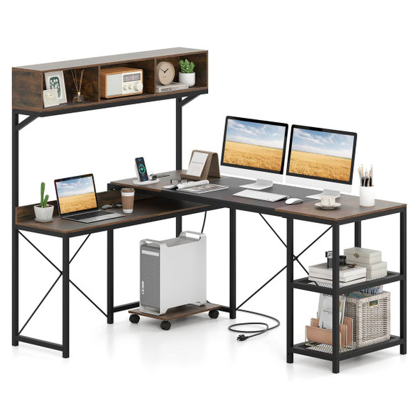  L-Shaped Computer Desk with Power Outlets and 2 Metal Mesh Shelves product image