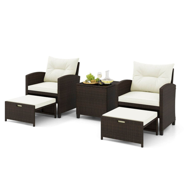 5-Piece Patio Rattan Furniture Set with 2 Ottomans and Tempered Glass  product image