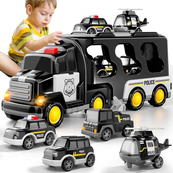 TEMI Police Truck Toys 5-in-1 Friction Power Emergency Vehicle Police Car Toy Carrier Truck Toys for Kids Ages 3+ product image