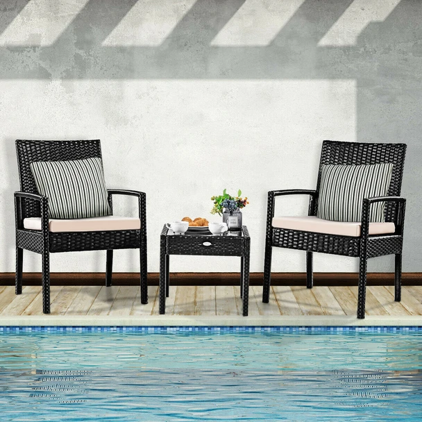 3-Piece Black Rattan Wicker Patio Furniture Set with Cushions product image