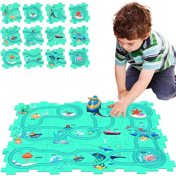 Children Educational Track Car DIY Free Assembly Map Scene To Build Electric Jigsaw Track Car (Ocean) product image