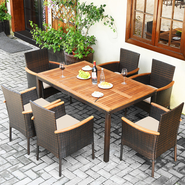 7-Piece Rattan Patio Dining Set with Stackable Chairs & Umbrella Hole product image