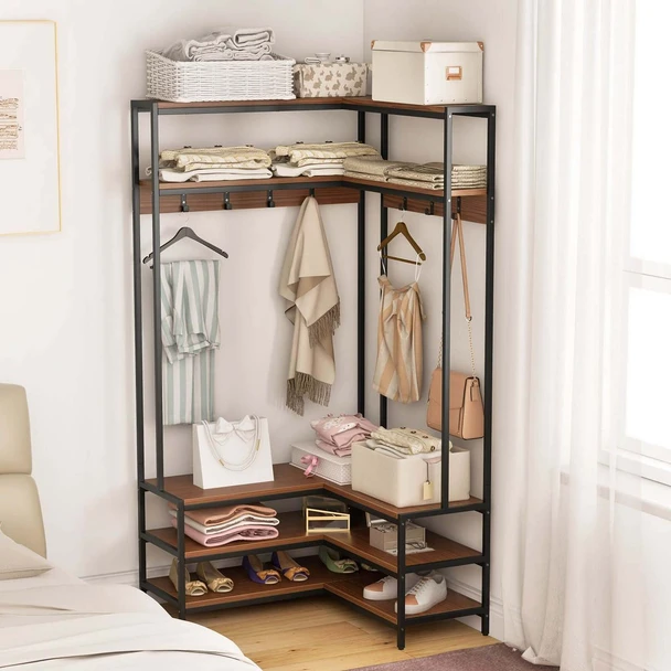 Corner Garment Rack with Open Shelves and 7 Hooks & Shoe Bench product image