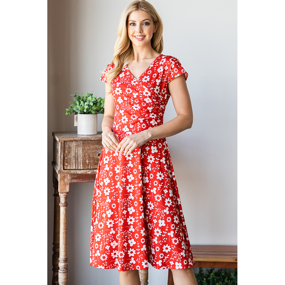Women's Print V-Neck Skater Dress - Red Floral - Small