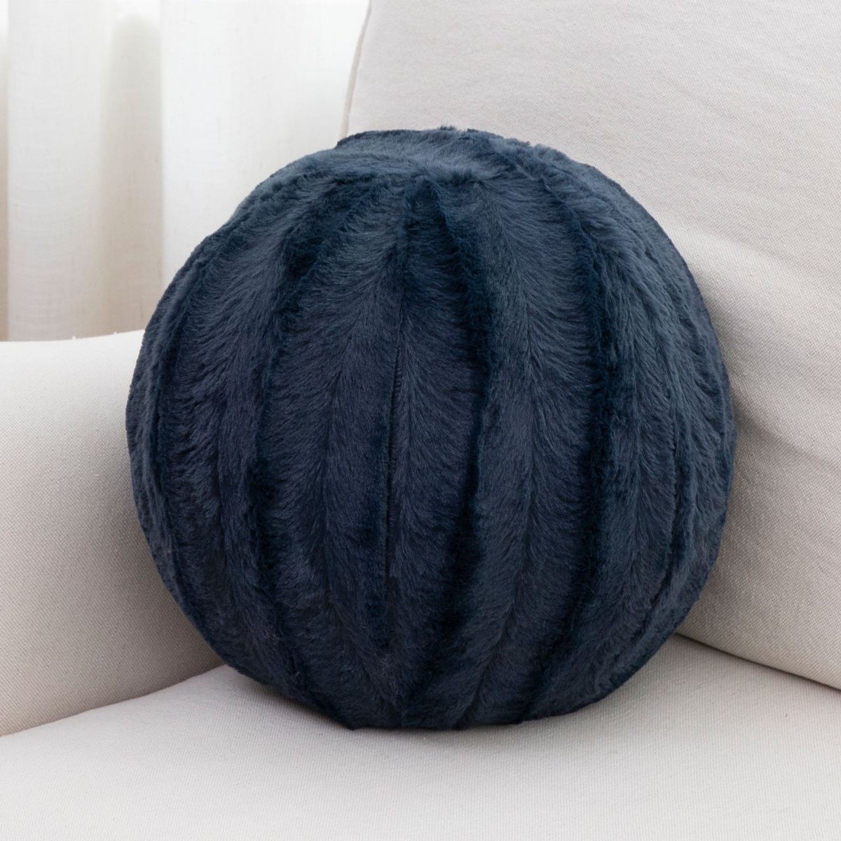 Cheer Collection - Soft Plush Faux Fur Ball Throw Pillow with Removable Machine-Washable Cover, 10-Inch Round - Navy - Blue