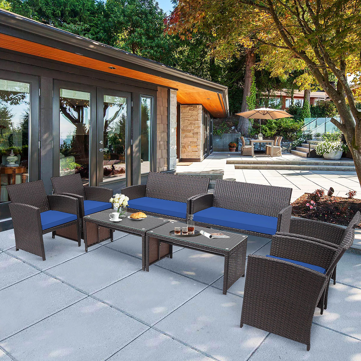 8-Piece Patio Rattan Furniture Set - Cushioned Chair, Sofa, Coffee Table - 8PCS Rattan Furniture NY