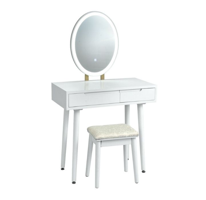 Costway Vanity Makeup Table Touch Screen Dressing Table Stool Set - White