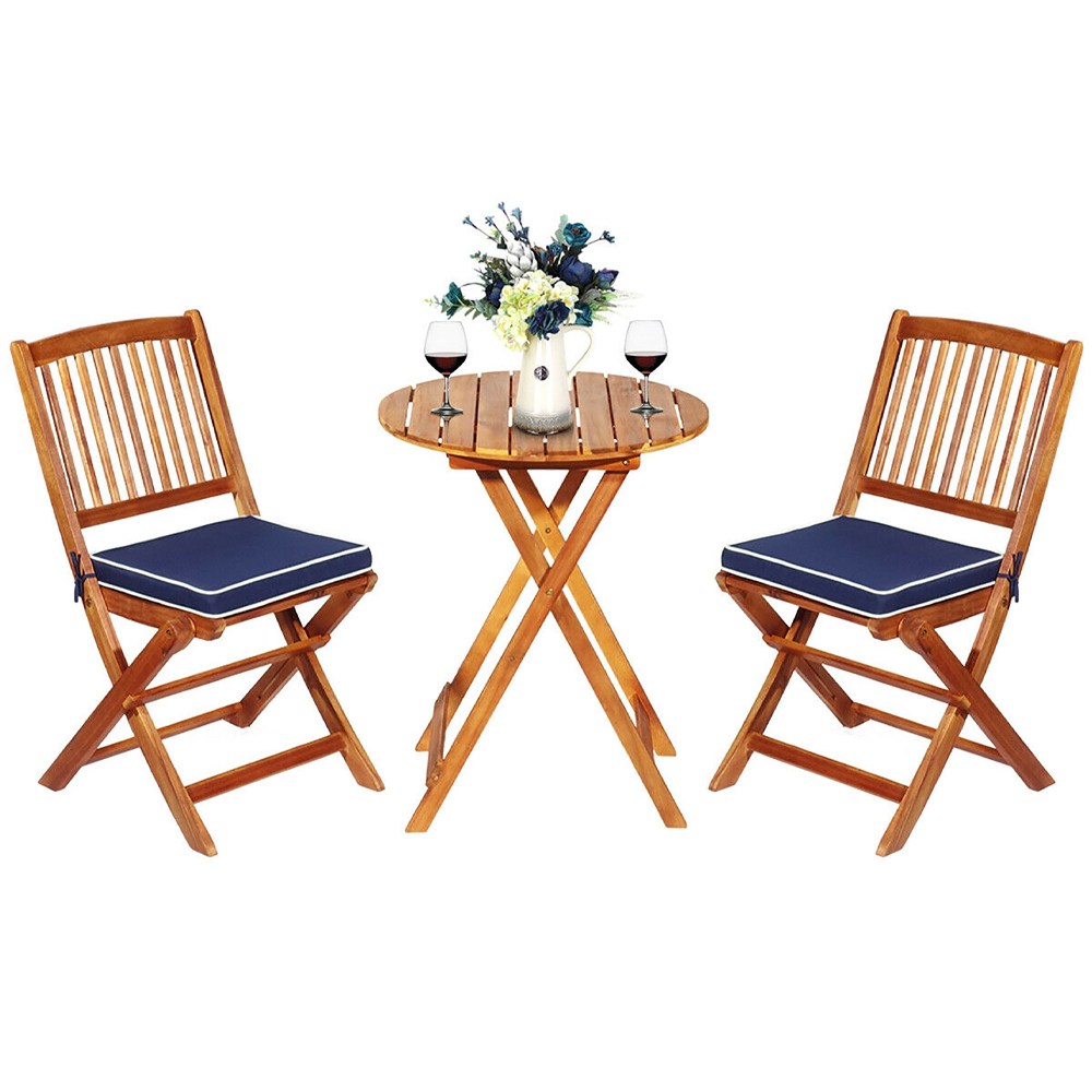 Folding Wooden 3-Piece Patio Bistro Set - Navy Blue