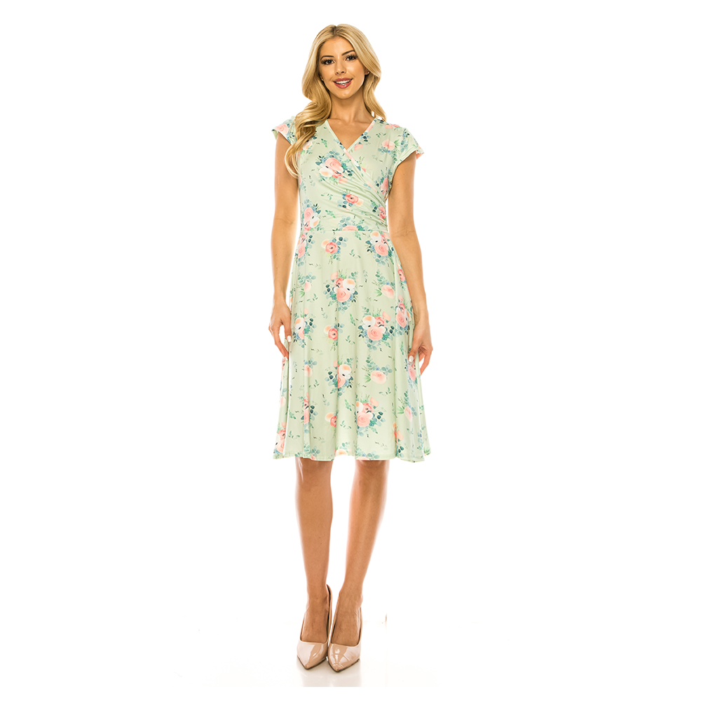 Women's Print V-Neck Skater Dress - SAGE ROSE - 1XL