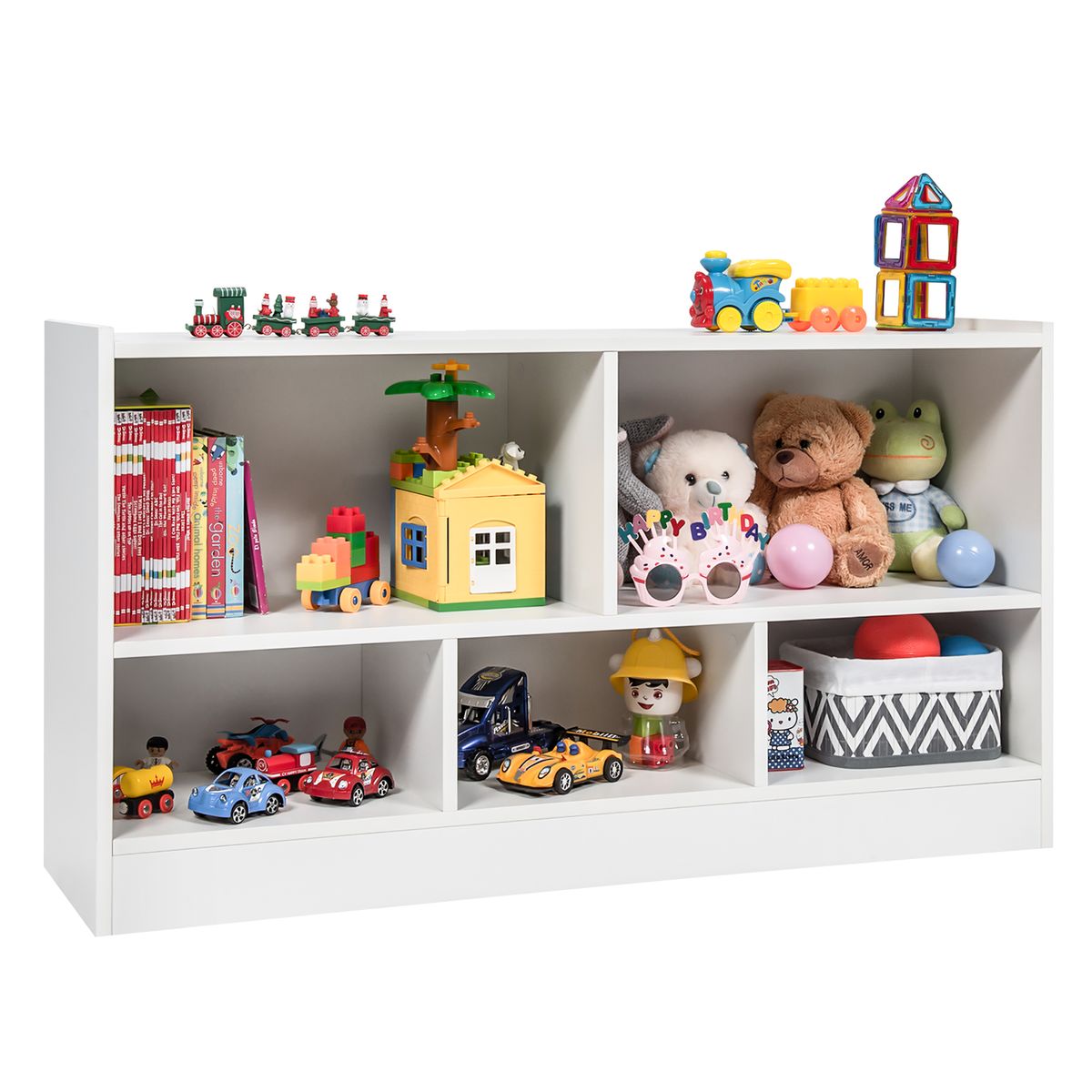 Kids' 2-Shelf Bookcase 5-Cube Wood Toy Storage Cabinet Organizer - Toy Storage Organizer WH