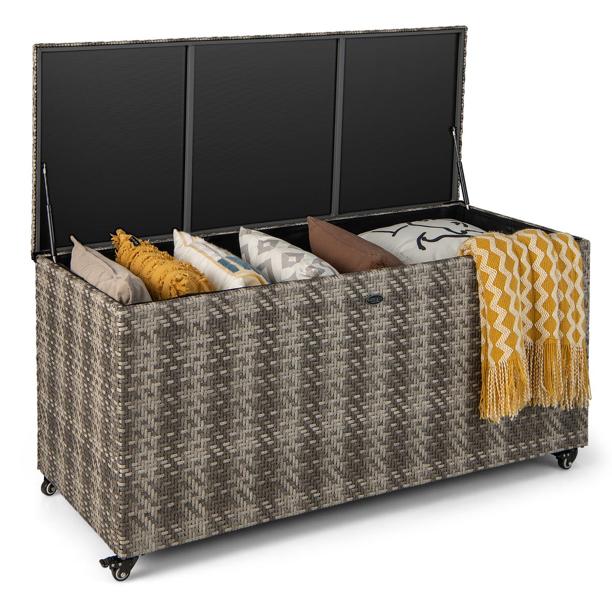 96-Gallon PE Wicker Outdoor Storage Box with 4 Wheels - Deck Box Mix Gray