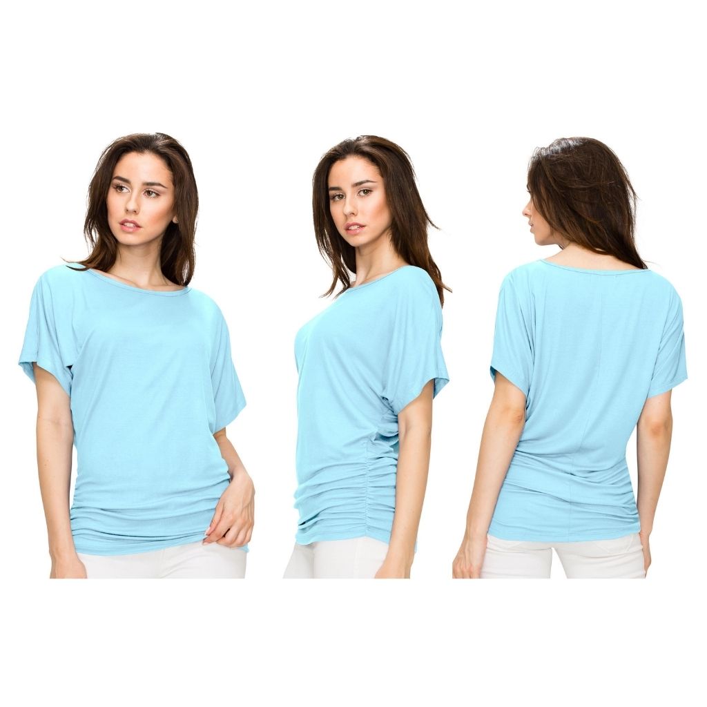 Women's Solid Short Sleeve Boat Neck V-Neck Dolman Top - Aqua - Medium