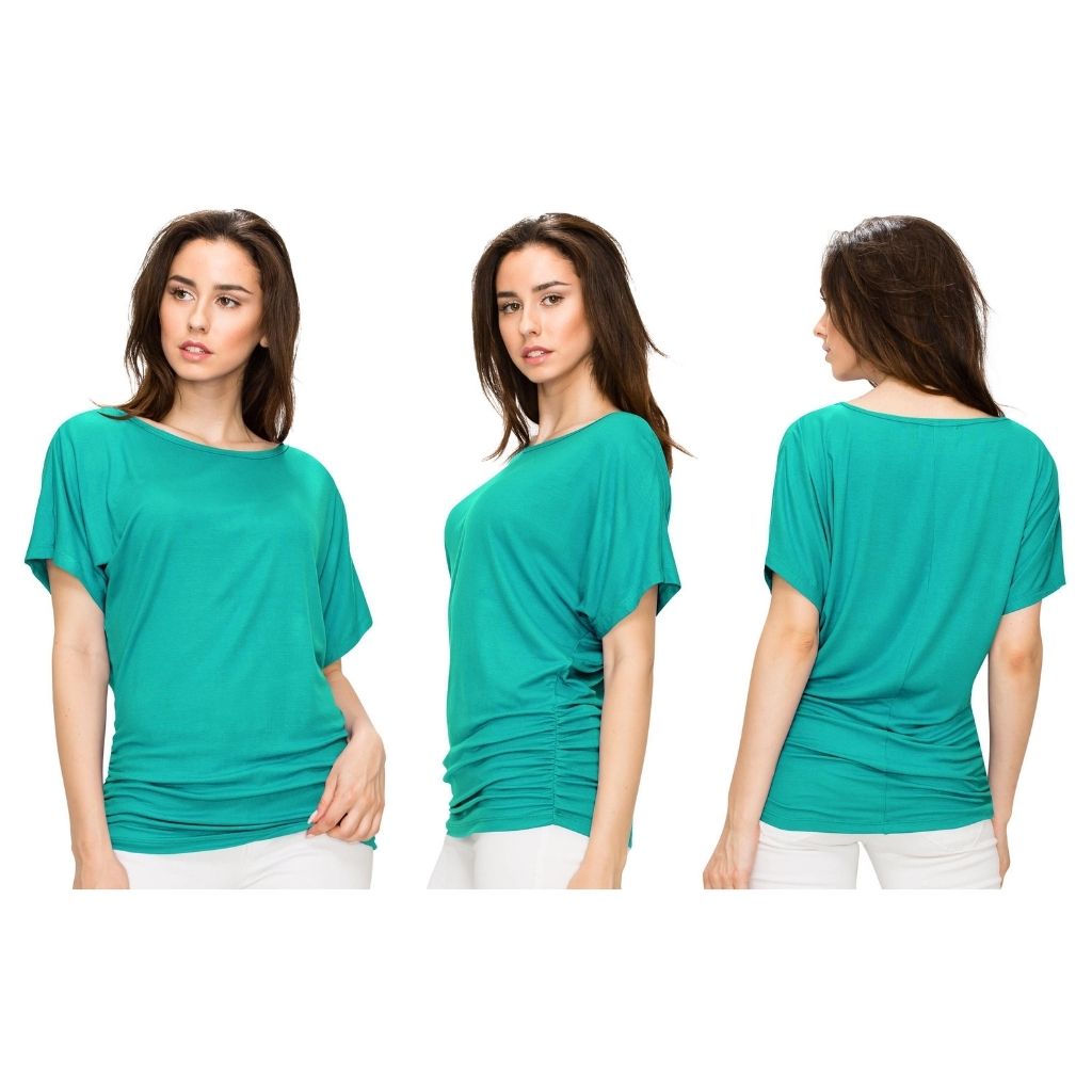 Women's Solid Short Sleeve Boat Neck V-Neck Dolman Top - Jade - Small