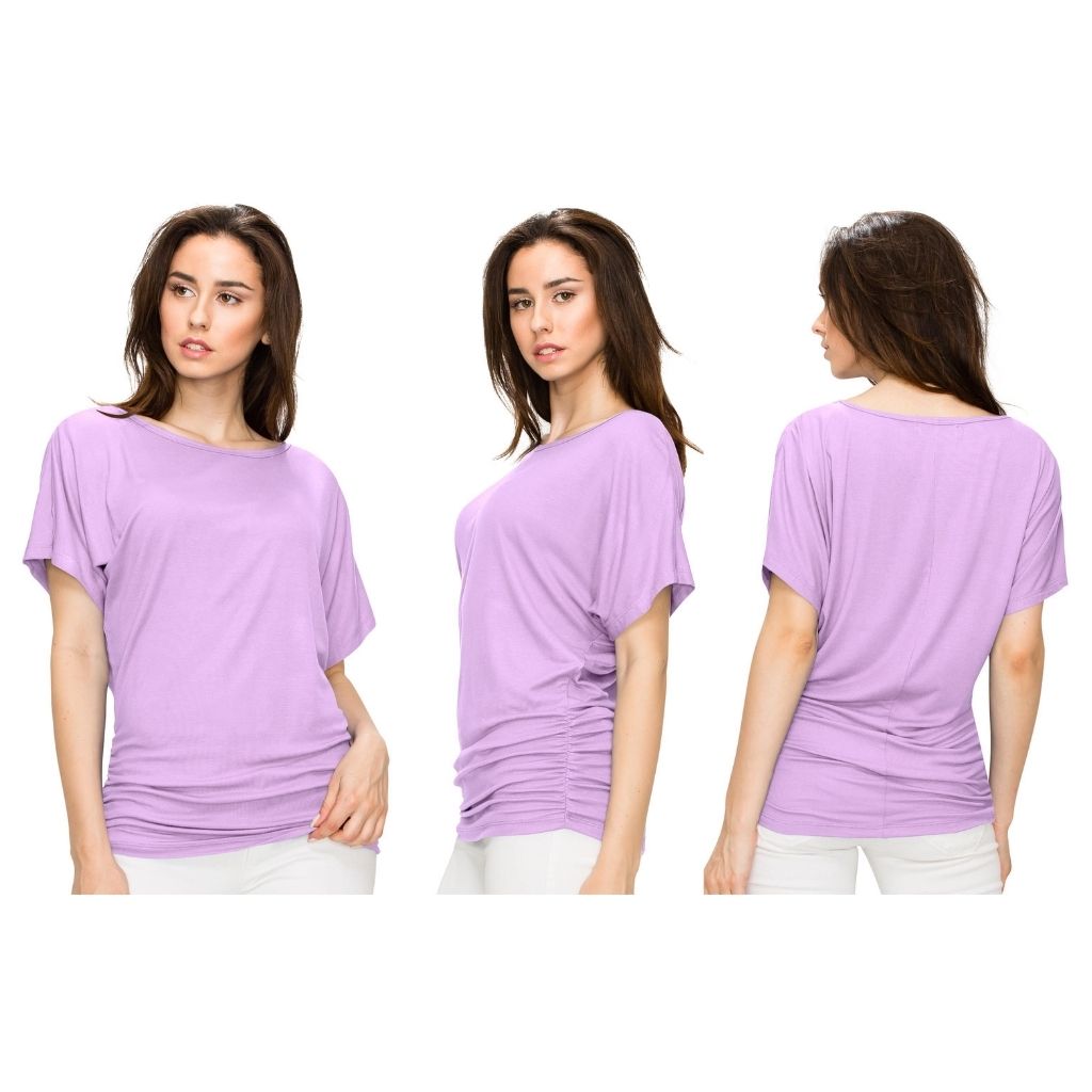 Women's Solid Short Sleeve Boat Neck V-Neck Dolman Top - Lilac - Medium