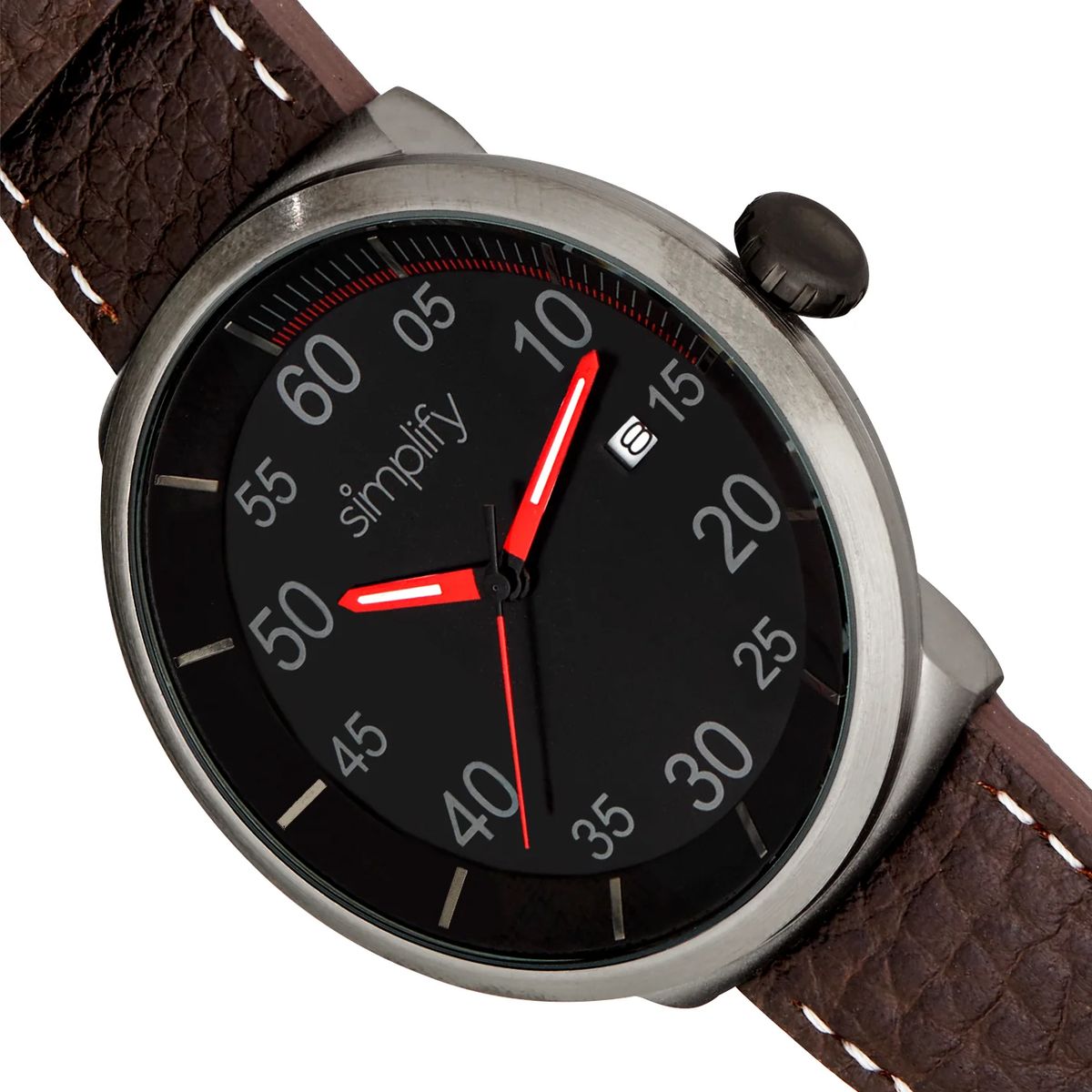 Simplify™ The 7100 Leather-Band Watch with Date - Dark Brown/Red