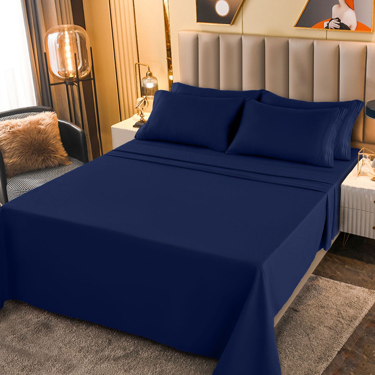 1800-Series Deep Pocket Premier Microfiber Bed Sheet Set - PLN_CAL_K_NVY-BLUE