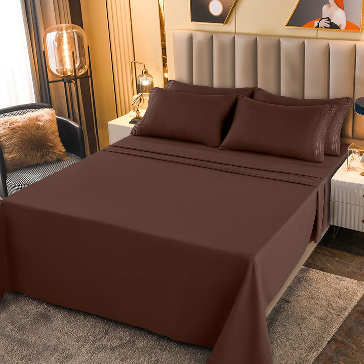 1800-Series Deep Pocket Premier Microfiber Bed Sheet Set - PLN_CAL_K_BRWN