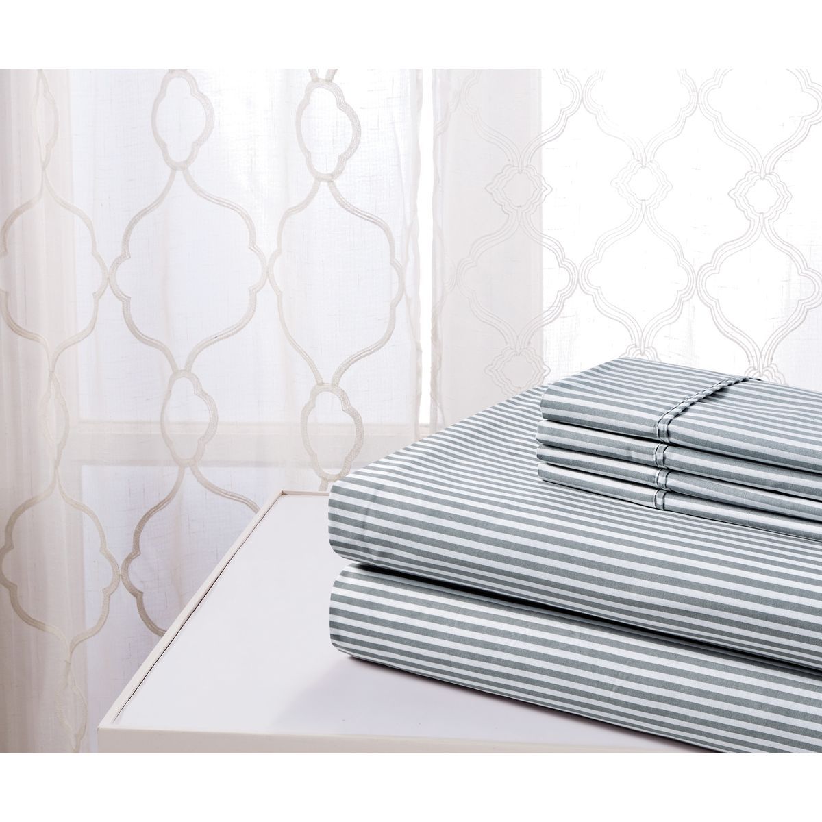 1800-TC Egyptian Luxury Printed Sheet Set by Bibb Home&reg; - Bibb Home Egyptian Luxury 1800 Count Printed 4 Piece Sheet Set, King - Grey Stripes