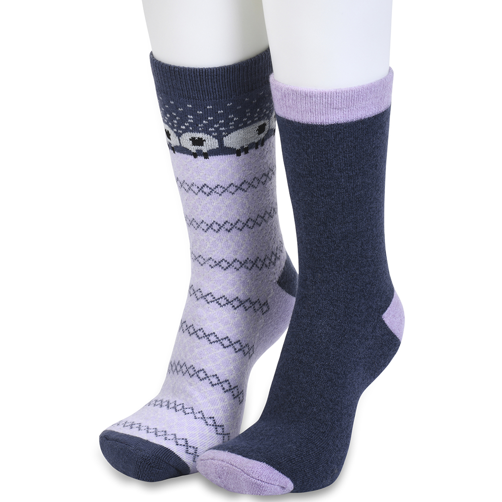 GaaHuu Women's Super Soft Cushioned Thermal Socks (2-Pair) - lavender sheep/navy solid
