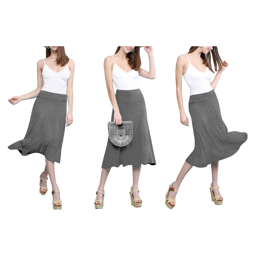 Women's Solid Lightweight Flare Midi Pull-on Skirt - Dark Heather Grey - Large
