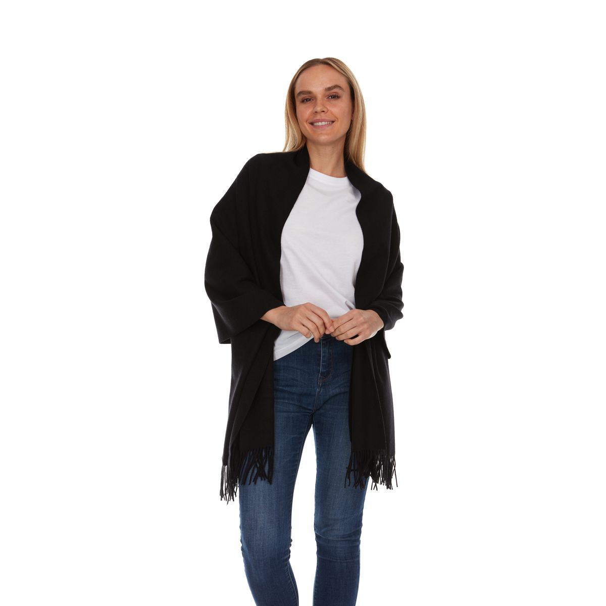 Year-Round Wraparound Scarf with Fringe - Black