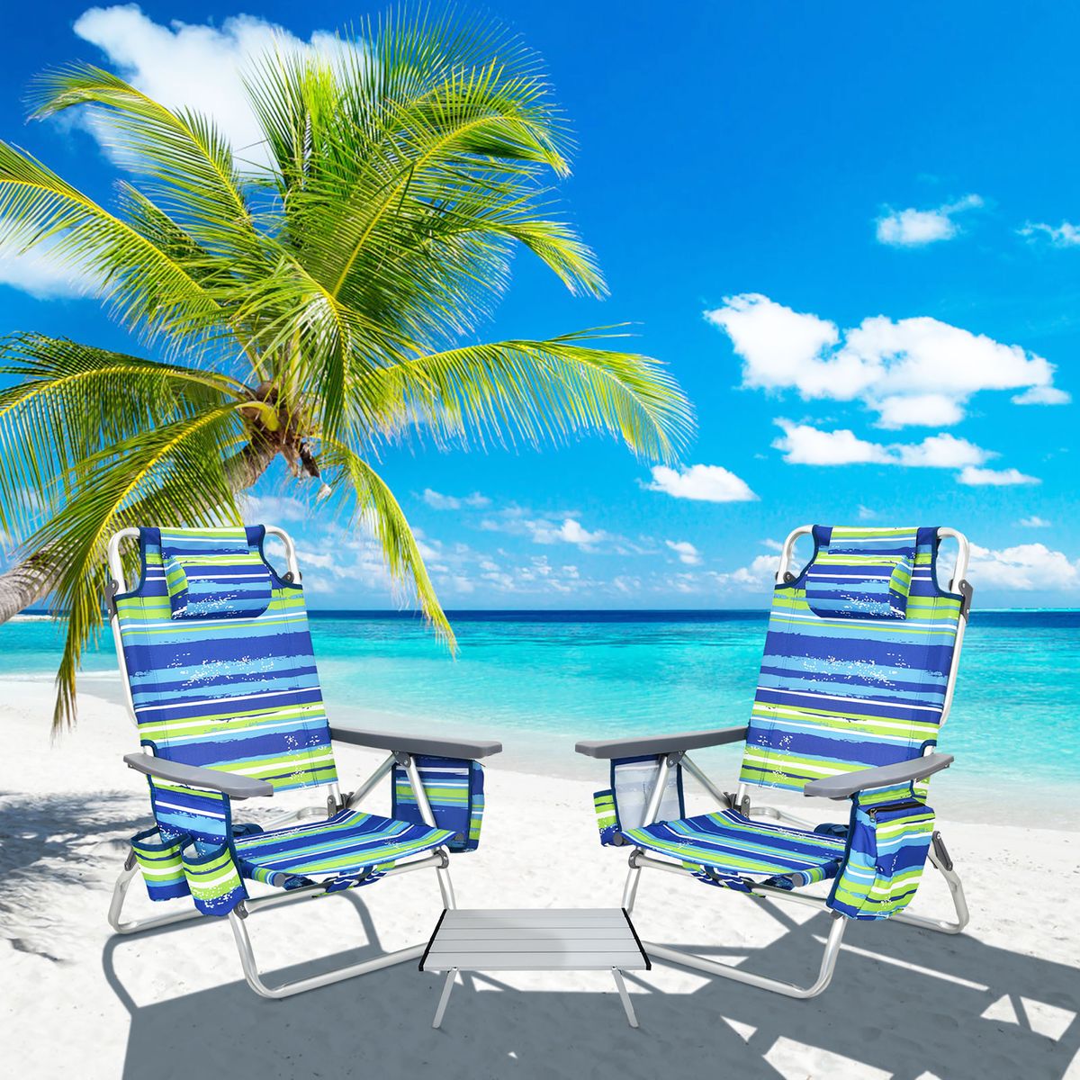Adjustable Folding Backpack Beach Chairs and Table Set - Green/Blue Stripes