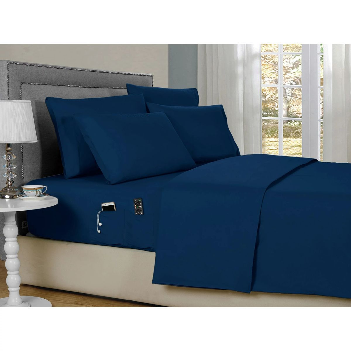 Kathy Ireland Smart Sheet Set with Side Pocket   - Kathy Ireland 6-Piece Smart Sheet Sets w/ Side Pocket, Twin - Navy