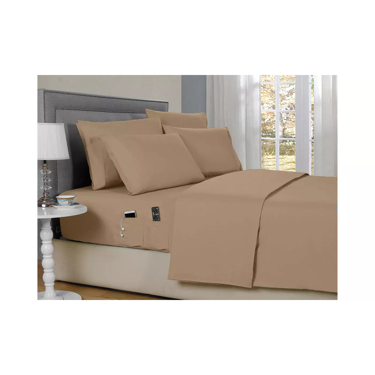 Kathy Ireland Smart Sheet Set with Side Pocket   - Kathy Ireland 6-Piece Smart Sheet Sets w/ Side Pocket, Full - Taupe