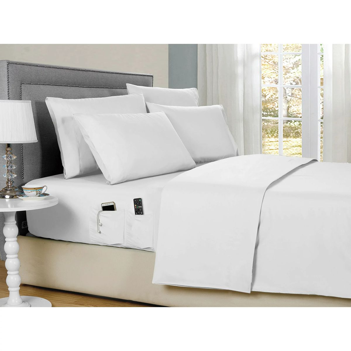 Kathy Ireland Smart Sheet Set with Side Pocket - Kathy Ireland 6-Piece Smart Sheet Sets w/ Side Pocket, Full - White