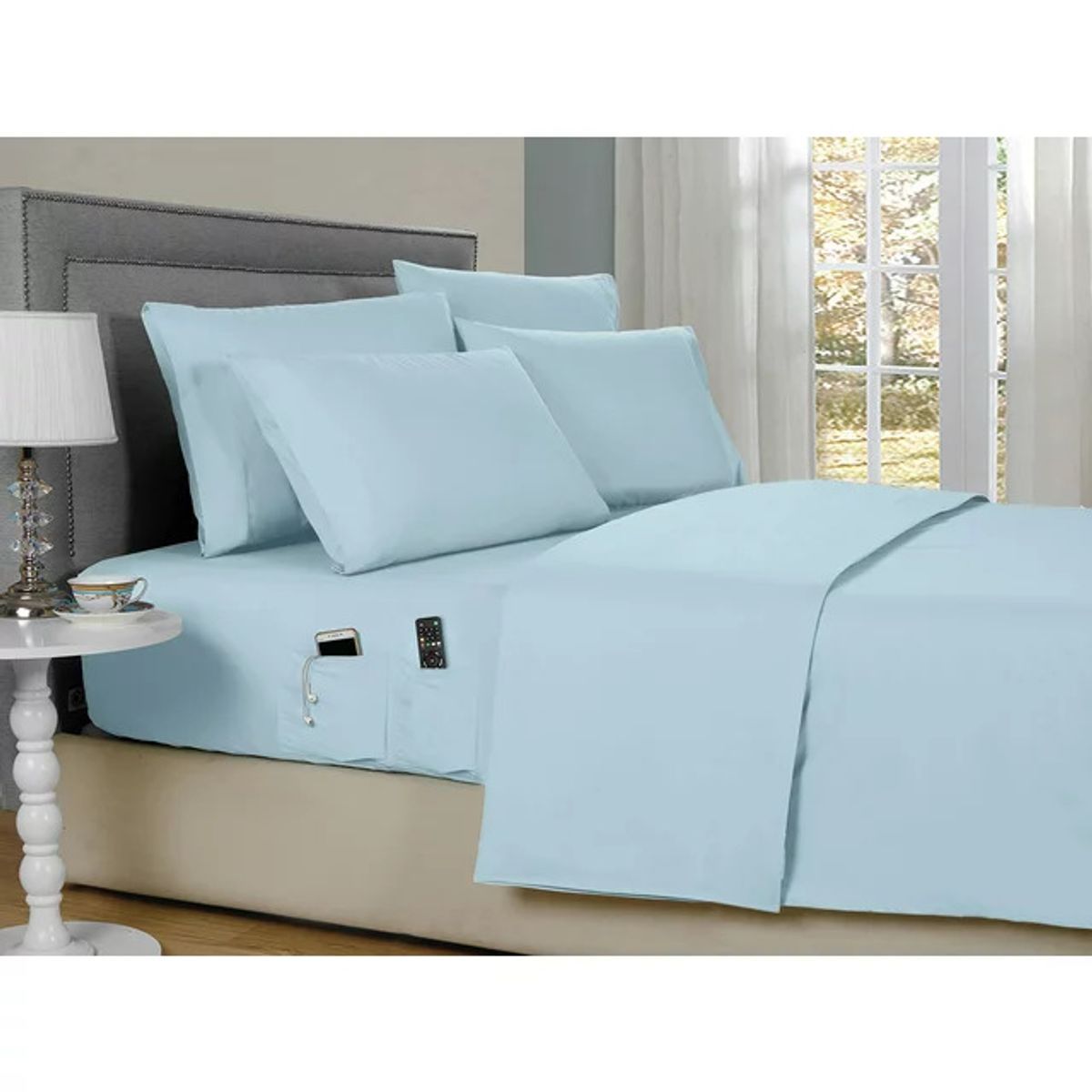 Kathy Ireland Smart Sheet Set with Side Pocket   - Kathy Ireland 6-Piece Smart Sheet Sets w/ Side Pocket, King - Aqua