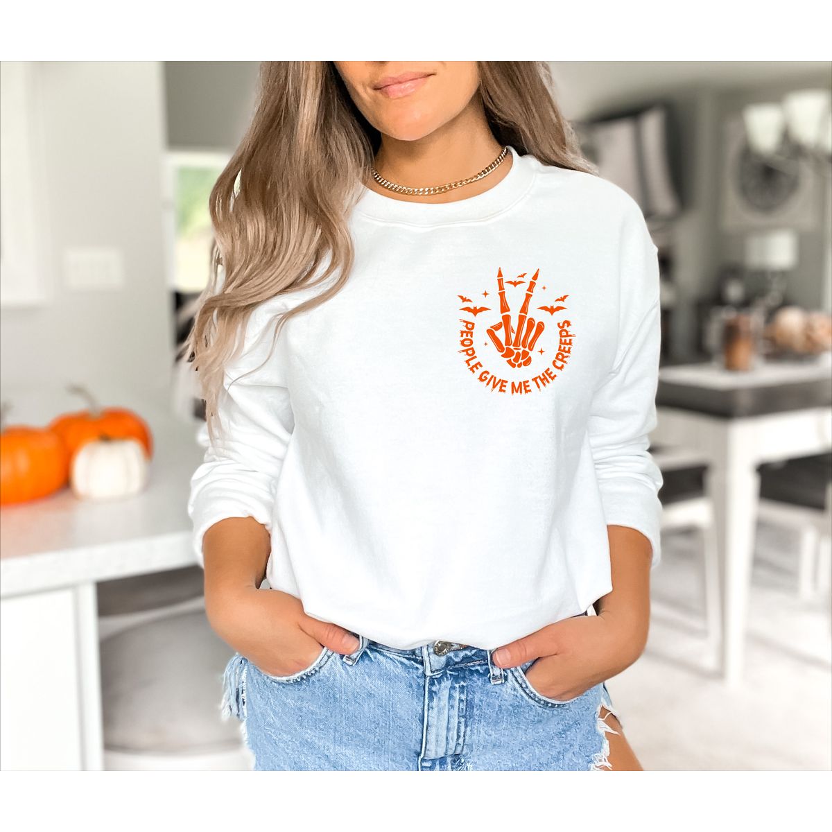 'People Give Me the Creeps' Crewneck Sweater - 2X-Large / White with Orange-image-SKU6786997