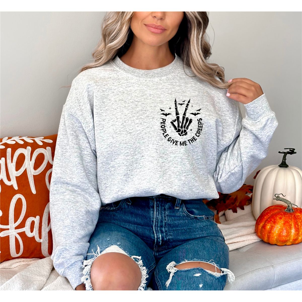 'People Give Me the Creeps' Crewneck Sweater - Medium / Ash with Black