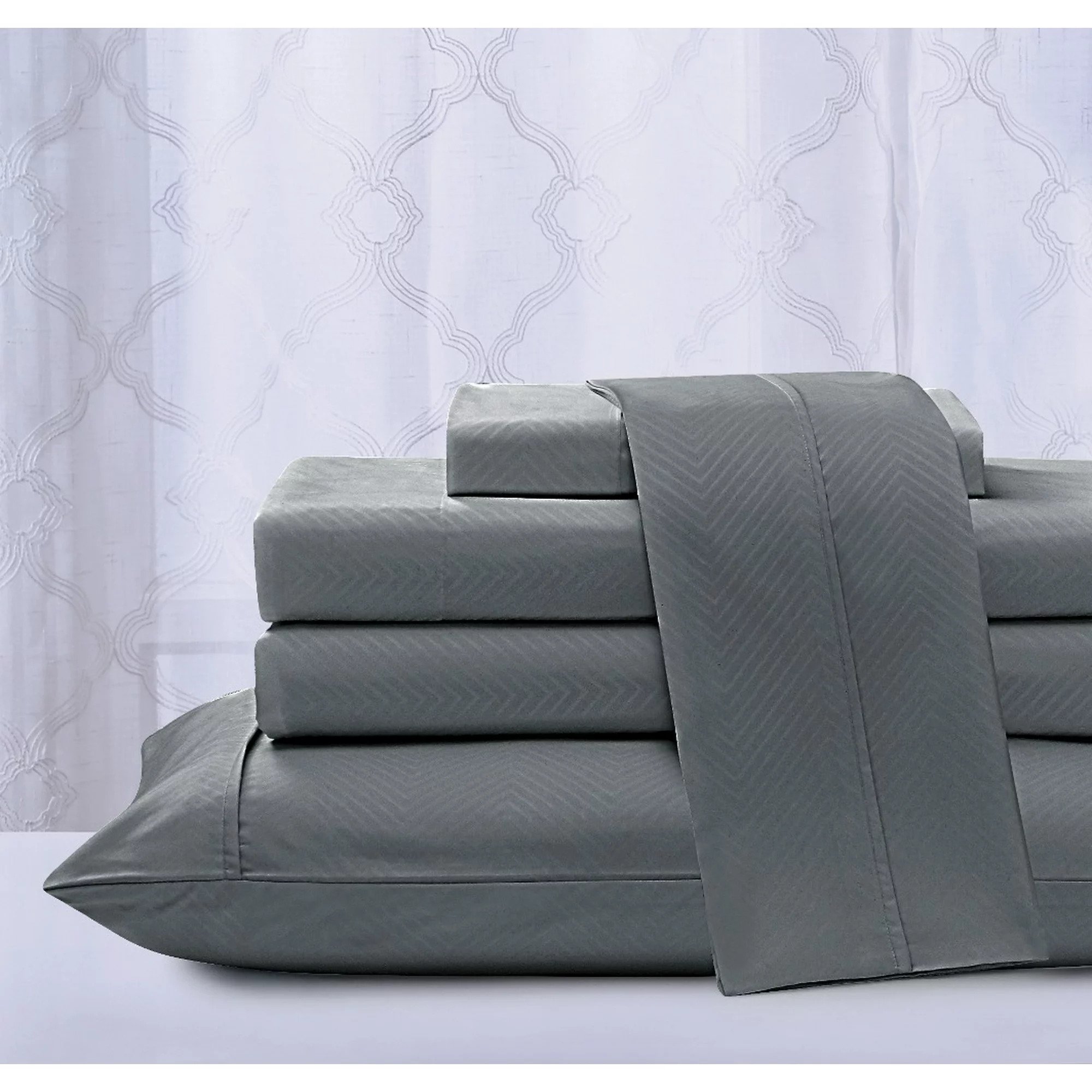 4-Piece Chevron Embossed Microfiber Sheet Set by Kathy Ireland&reg; - Kathy Ireland Chevron Embossed Microfiber 4 Piece Sheet Set, Queen - Grey