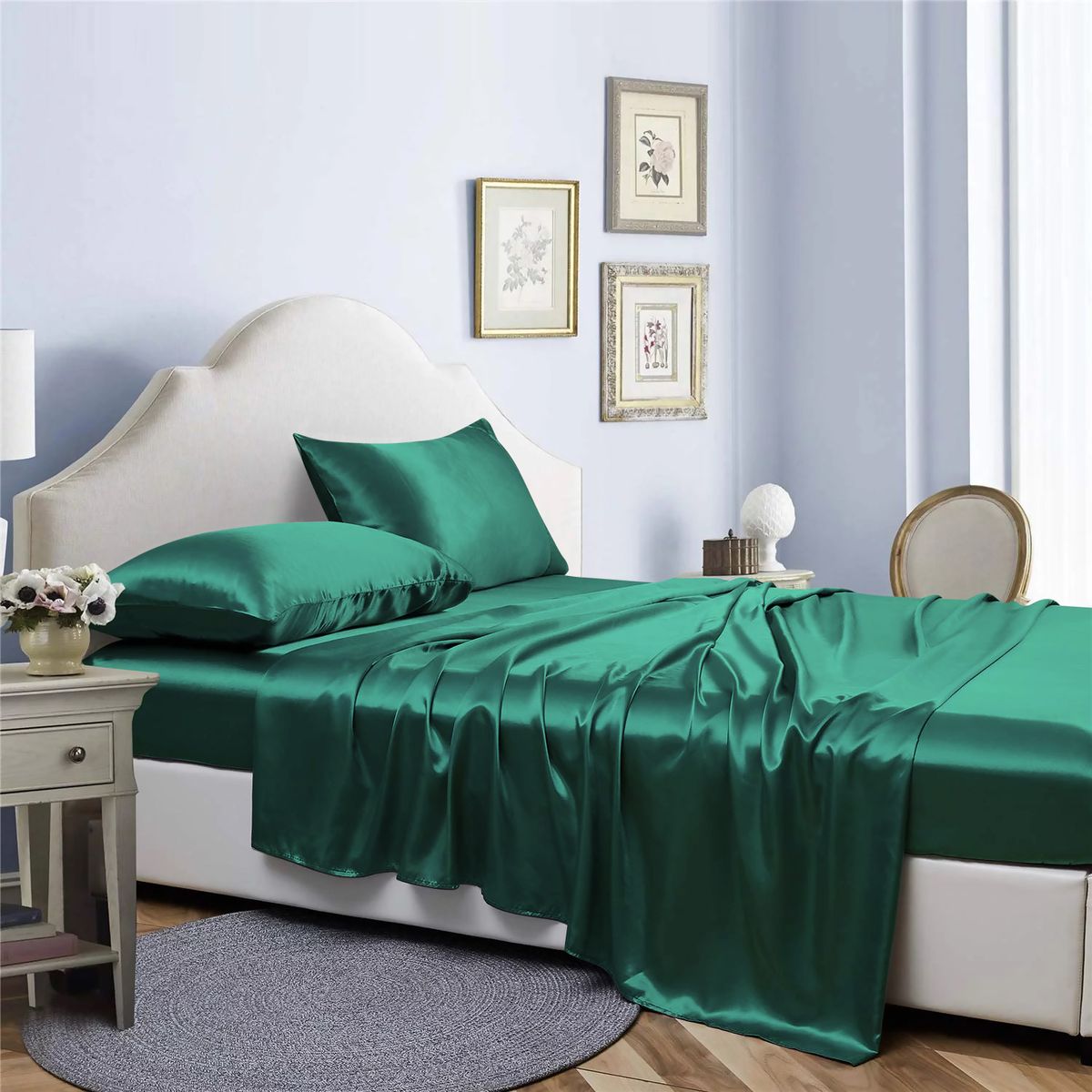 Bibb Home® Silky Satin 4-Piece Sheet Sets - 4 Piece satin sheet set, Dark Green - Full