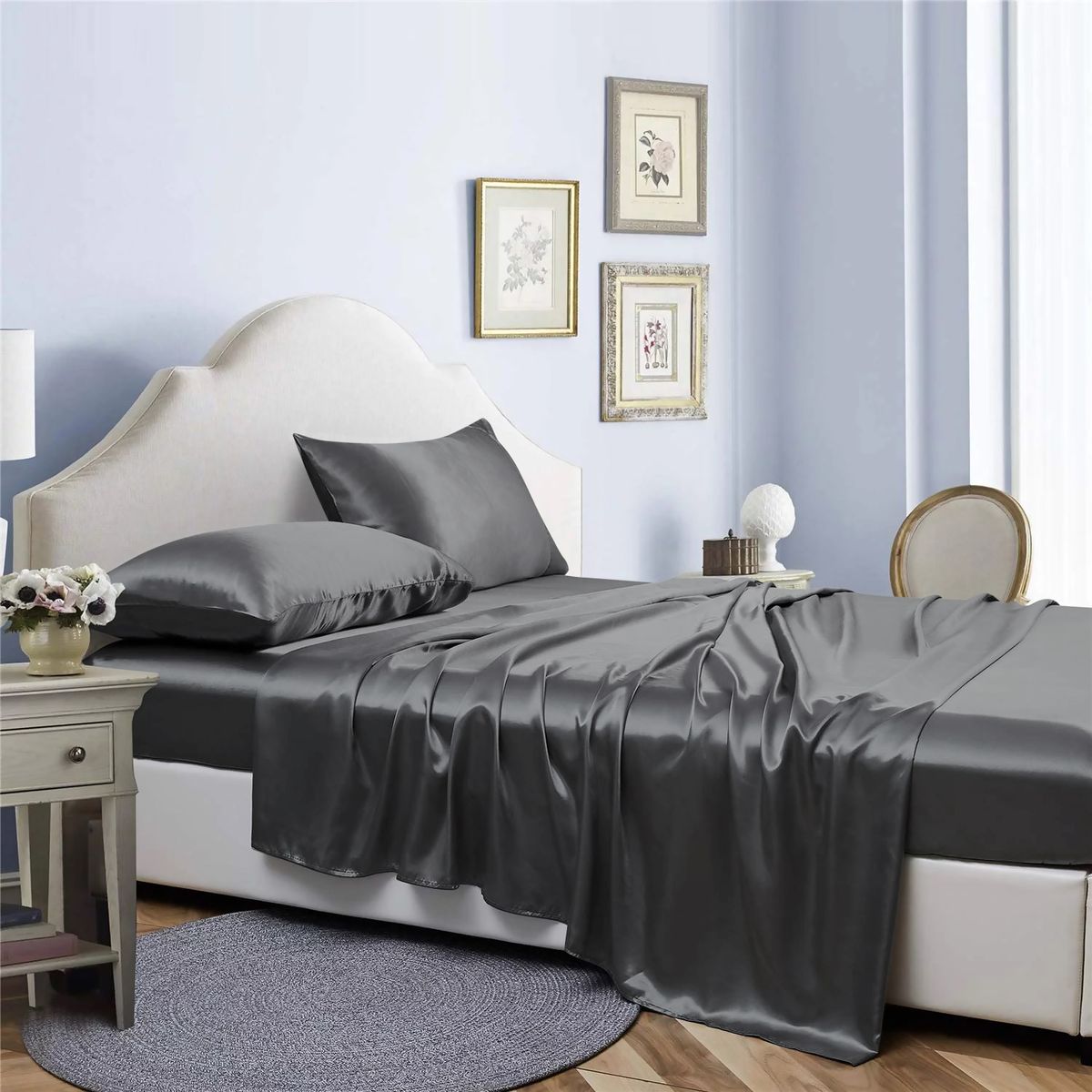 Bibb Home&reg; Silky Satin 4-Piece Sheet Sets - 4 Piece satin sheet set, Dark Grey - King