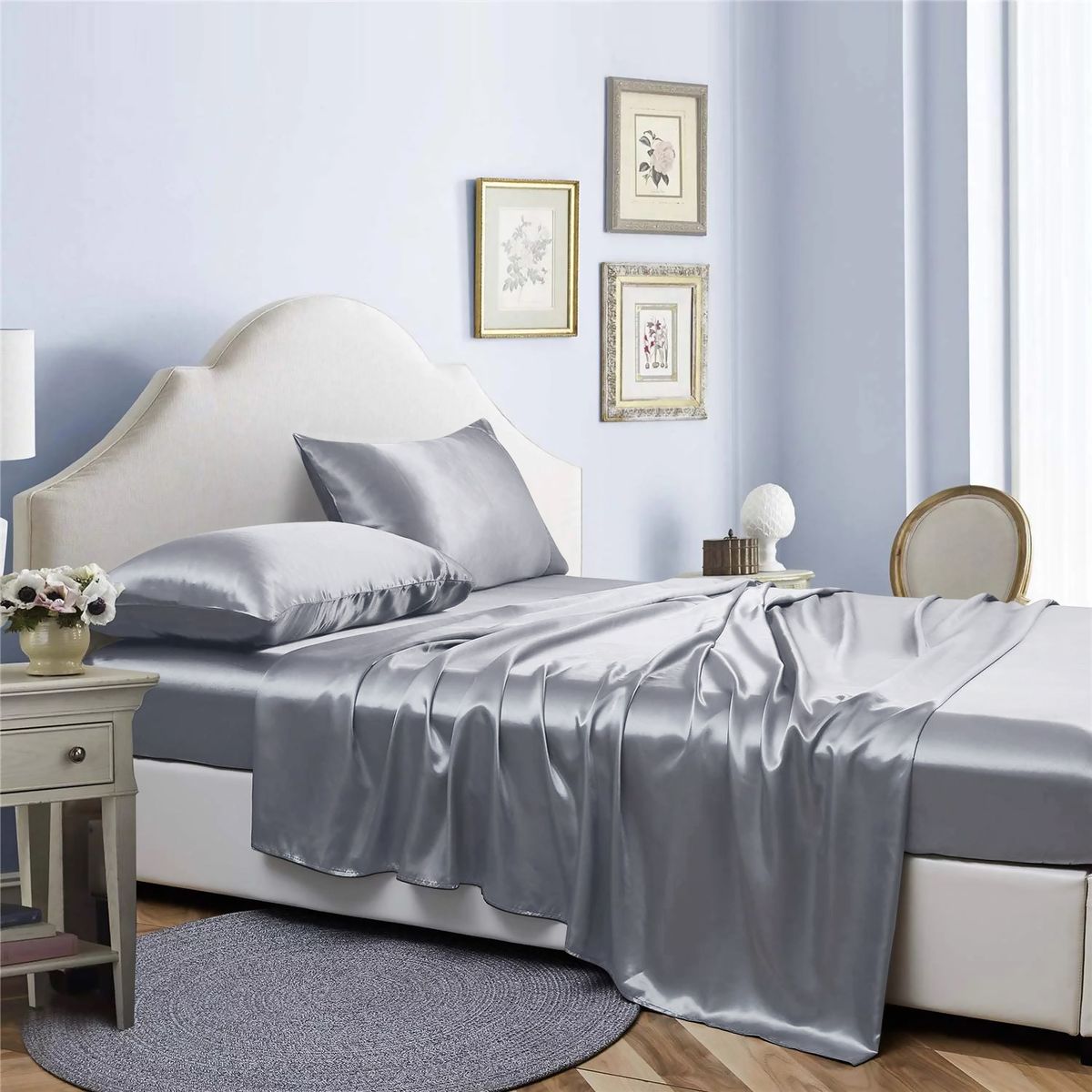 Bibb Home® Silky Satin 4-Piece Sheet Sets - 4 Piece satin sheet set, Light Grey - King