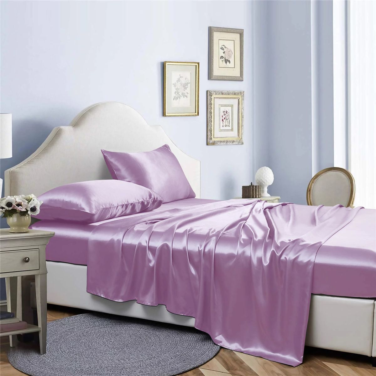 Bibb Home® Silky Satin 4-Piece Sheet Sets - 4 Piece satin sheet set, Lavender - Twin