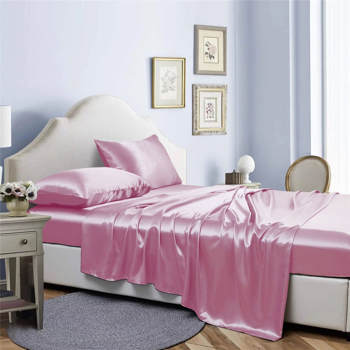 Bibb Home® Silky Satin 4-Piece Sheet Sets - 4 Piece satin sheet set, Pink - Twin