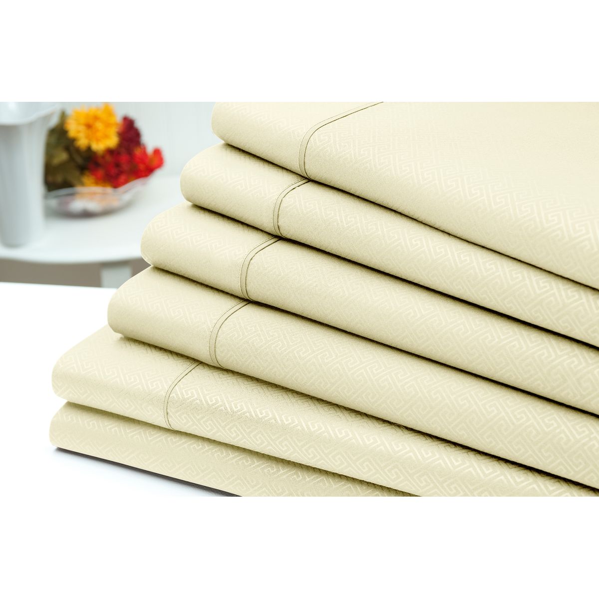 6-Piece Embossed Greek Key Meander Sheet Sets - 6 Piece Greek Key Sheet Set, Ivory - Queen