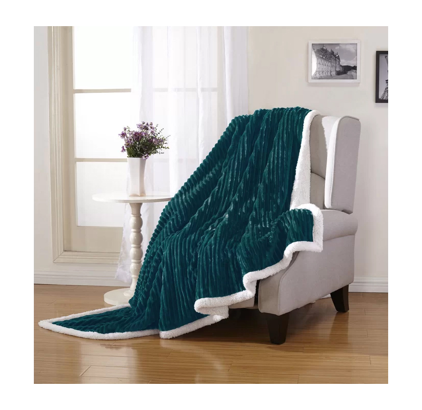Sheradian Reversible Corduroy-Pattern Sherpa Throw Blanket - Teal