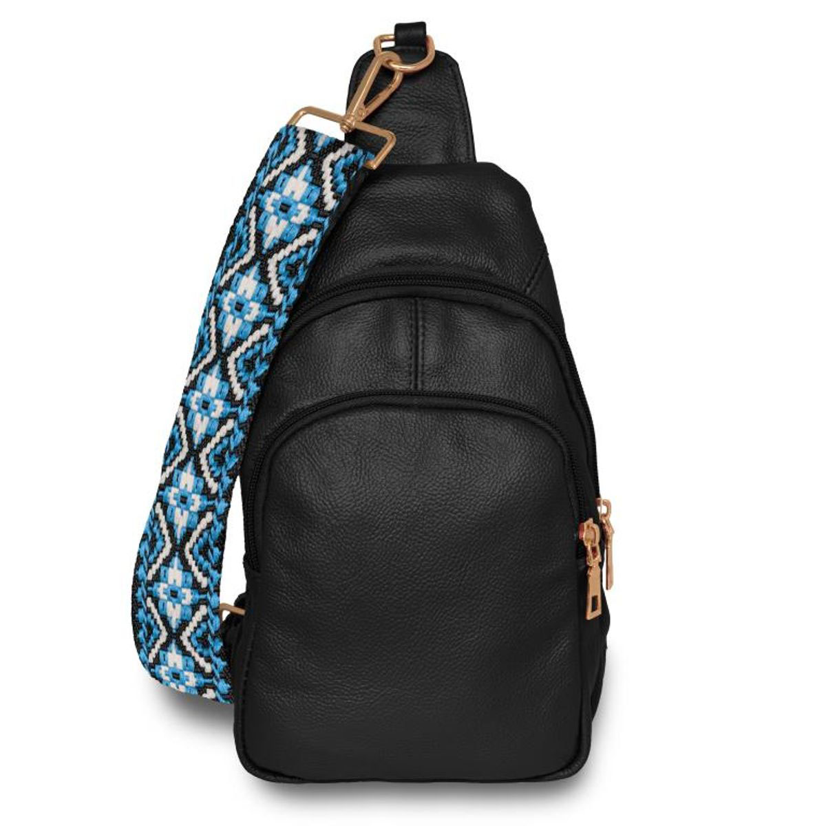 Women's Real Leather Sling Bag with Printed Strap - Black