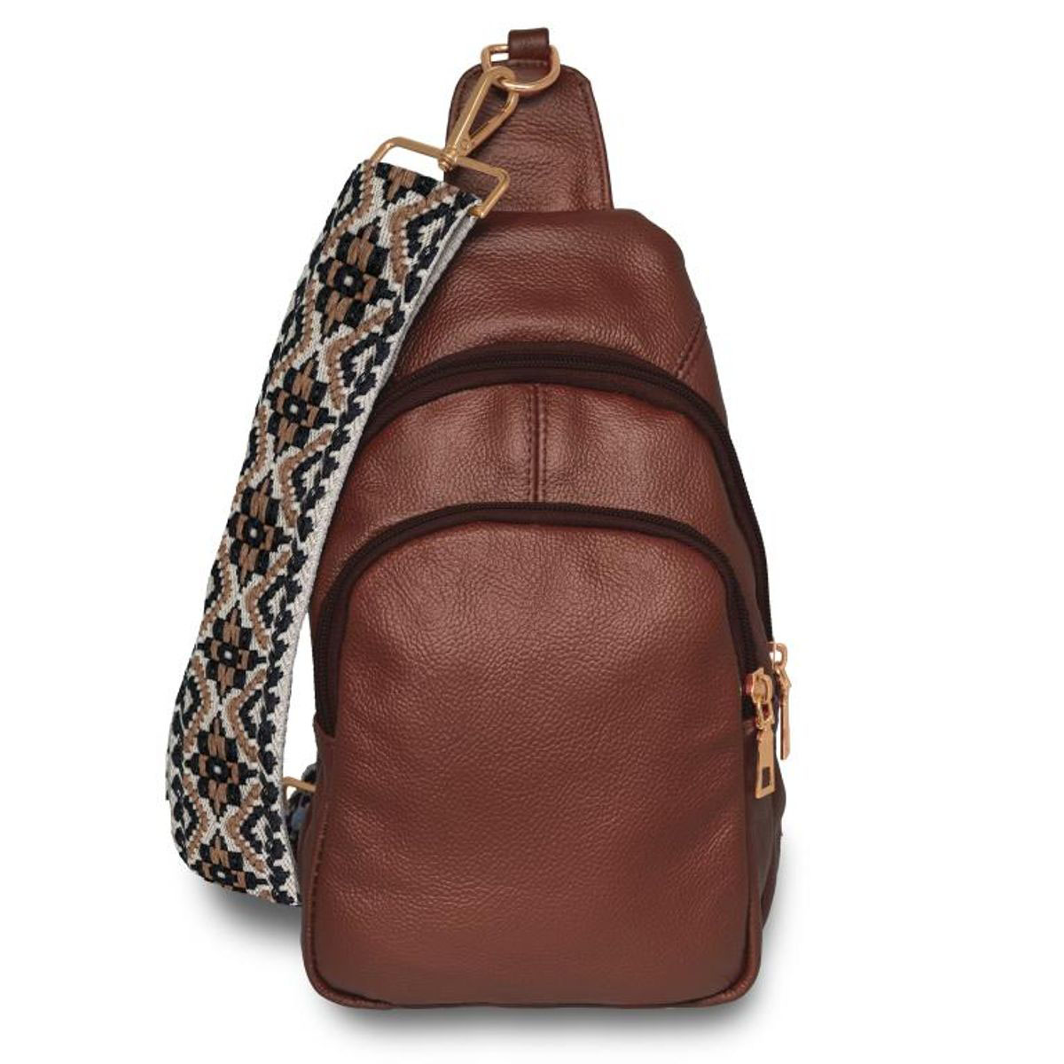 Women's Real Leather Sling Bag with Printed Strap - Brown