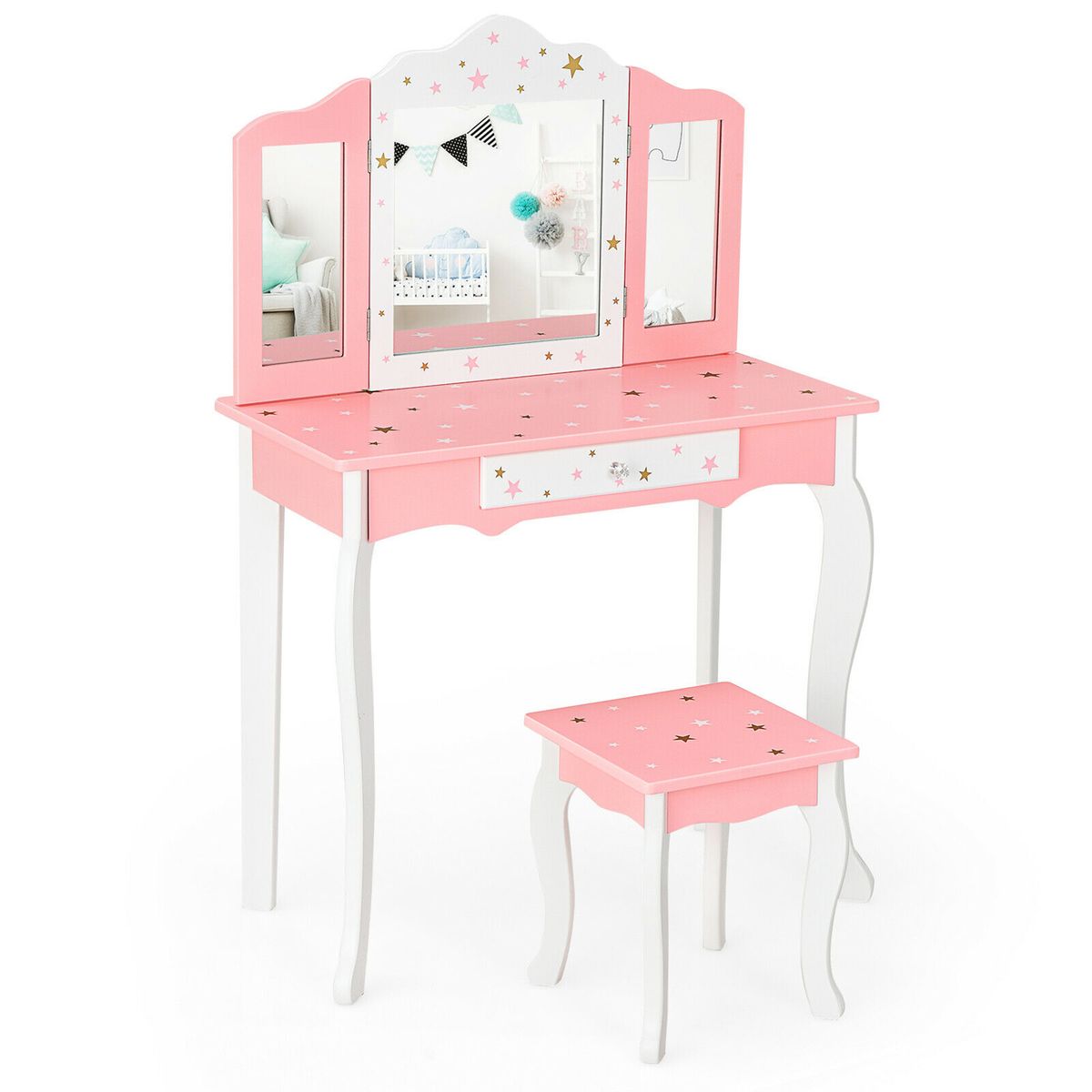 Kids' Princess Vanity Table & Stool Set with Tri-Folding Mirror & Drawer - Kids Vanity PI